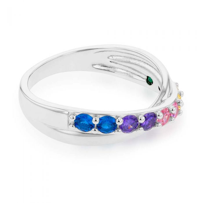 Sterling Silver Rainbow Multicolour Cubic Zirconia Crossover Ring