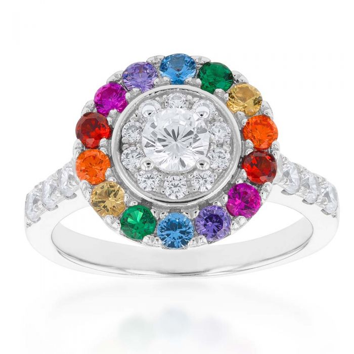 Sterling Silver Rainbow Multicolour Cubic Zirconia Halo & Channel Ring