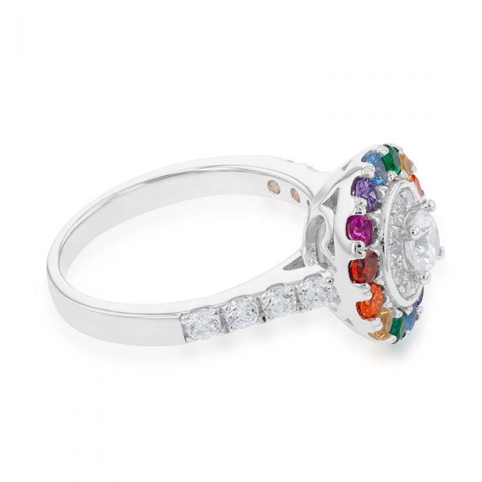 Sterling Silver Rainbow Multicolour Cubic Zirconia Halo & Channel Ring