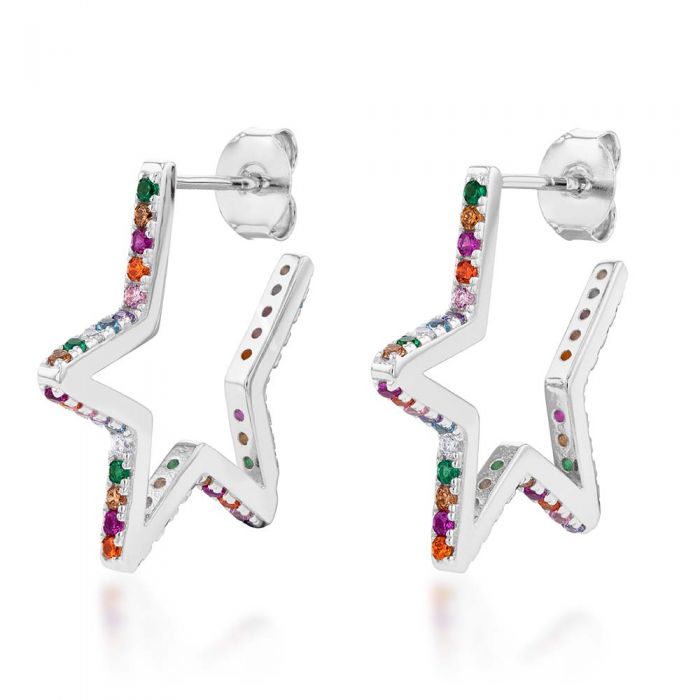 Sterling Silver Rainbow Multicolour Cubic Zirconia Open Star Stud Earrings