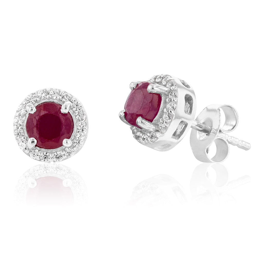 Sterling Silver Natural Enhanced Ruby and White Zircon Stud Earrings