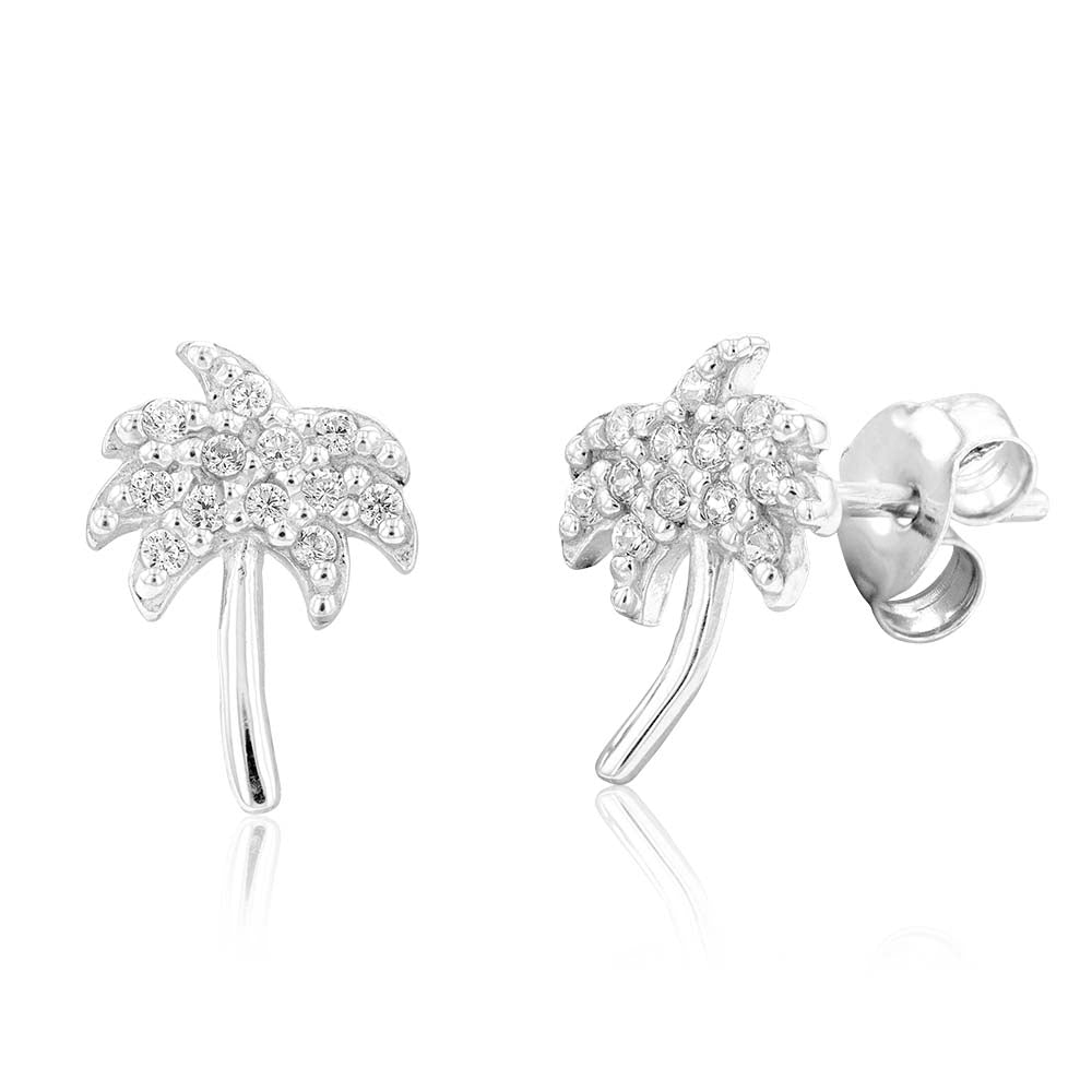 Sterling Silver Rhodium Plated White Cubic Zirconia Palm Tree Stud Earrings
