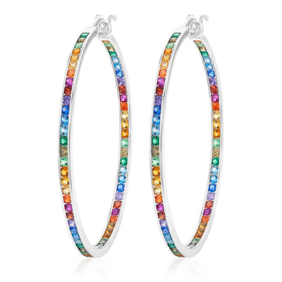 Sterling Silver Multicolour Rainbow Cubic Zirconia 50mm Hoop Earrings