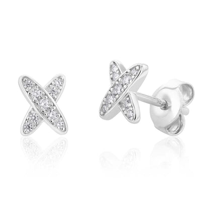 Rhodium Plated Sterling Silver Cubic Zirconia On Cross 7mm Stud Earrings