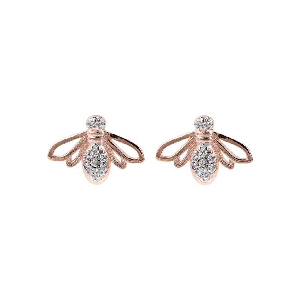 Bronzallure Rose Gold Plated Sterling Silver White CZ Bee Stud Earrings