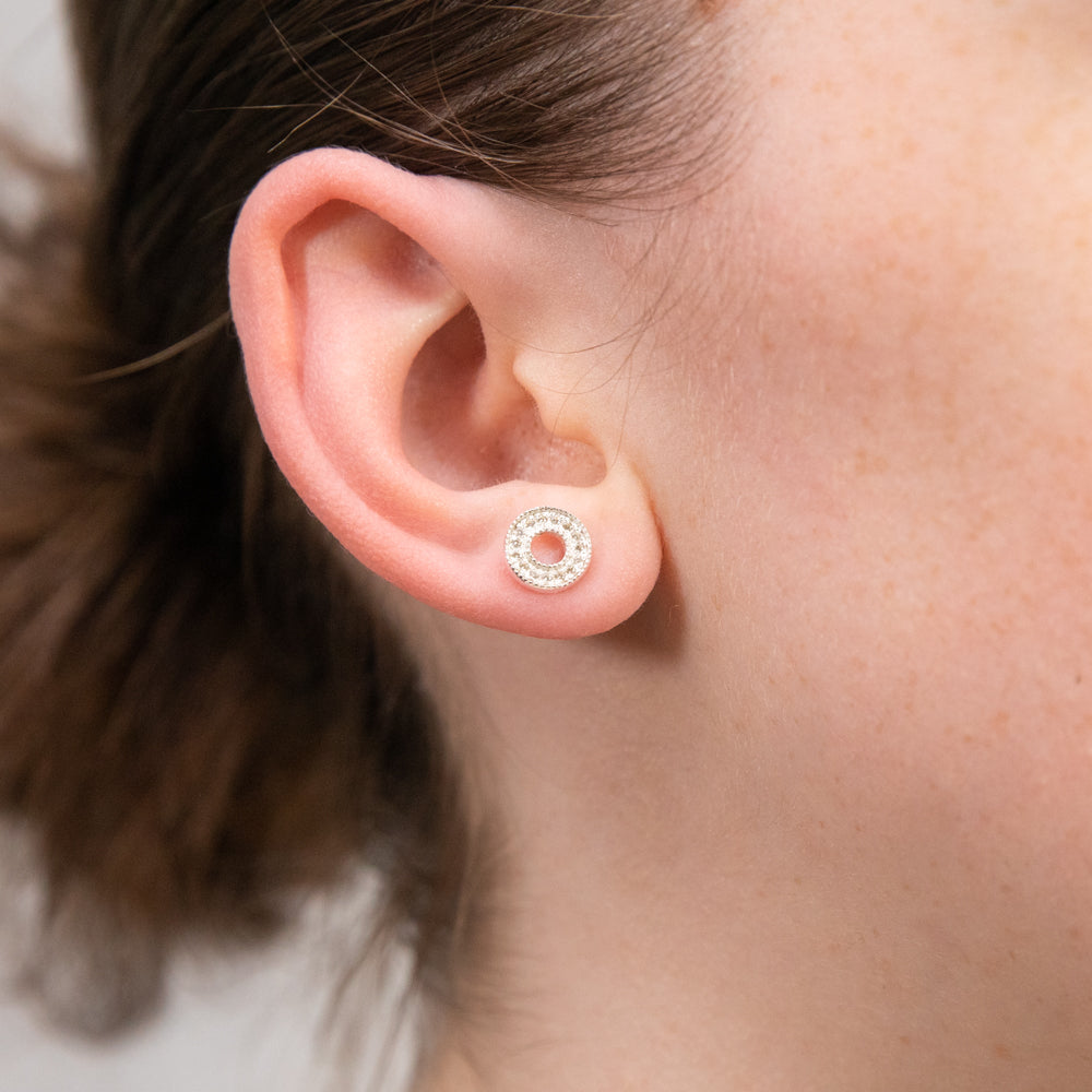 Sterling Silver Cubic Zirconia On Open Circle Stud Earrings