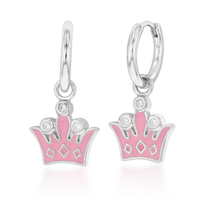 Sterling Silver Cubic Zirconia Enamel Coated Crown Hoop Earrings