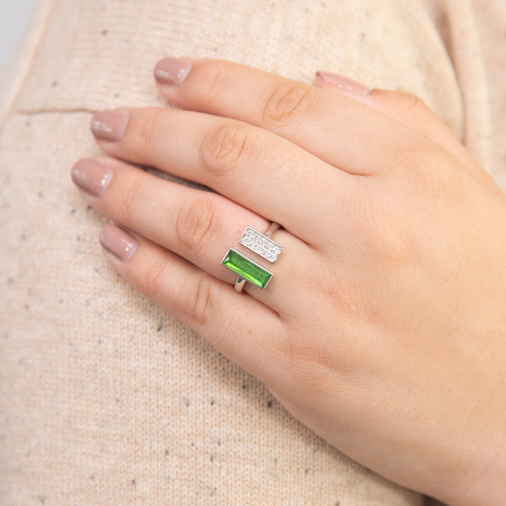 Sterling Silver Cubic Zirconia And Green Enamel Open Ring