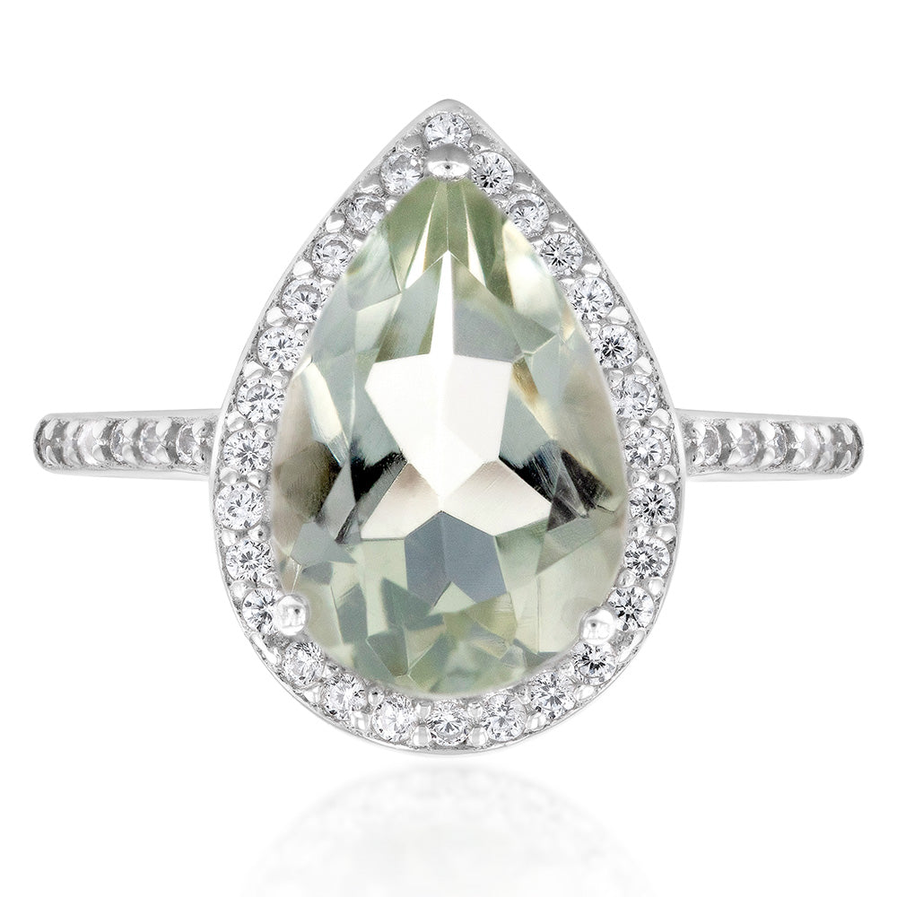 Sterling Silver Green Amethyst and Zirconia Pear Ring