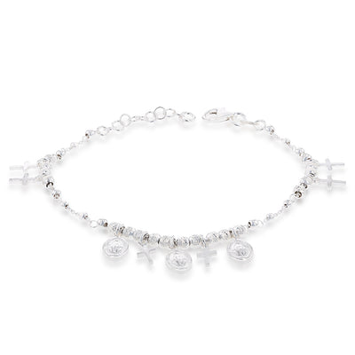 Sterling Silver Cross And Medallion Charm 19cm Bracelet