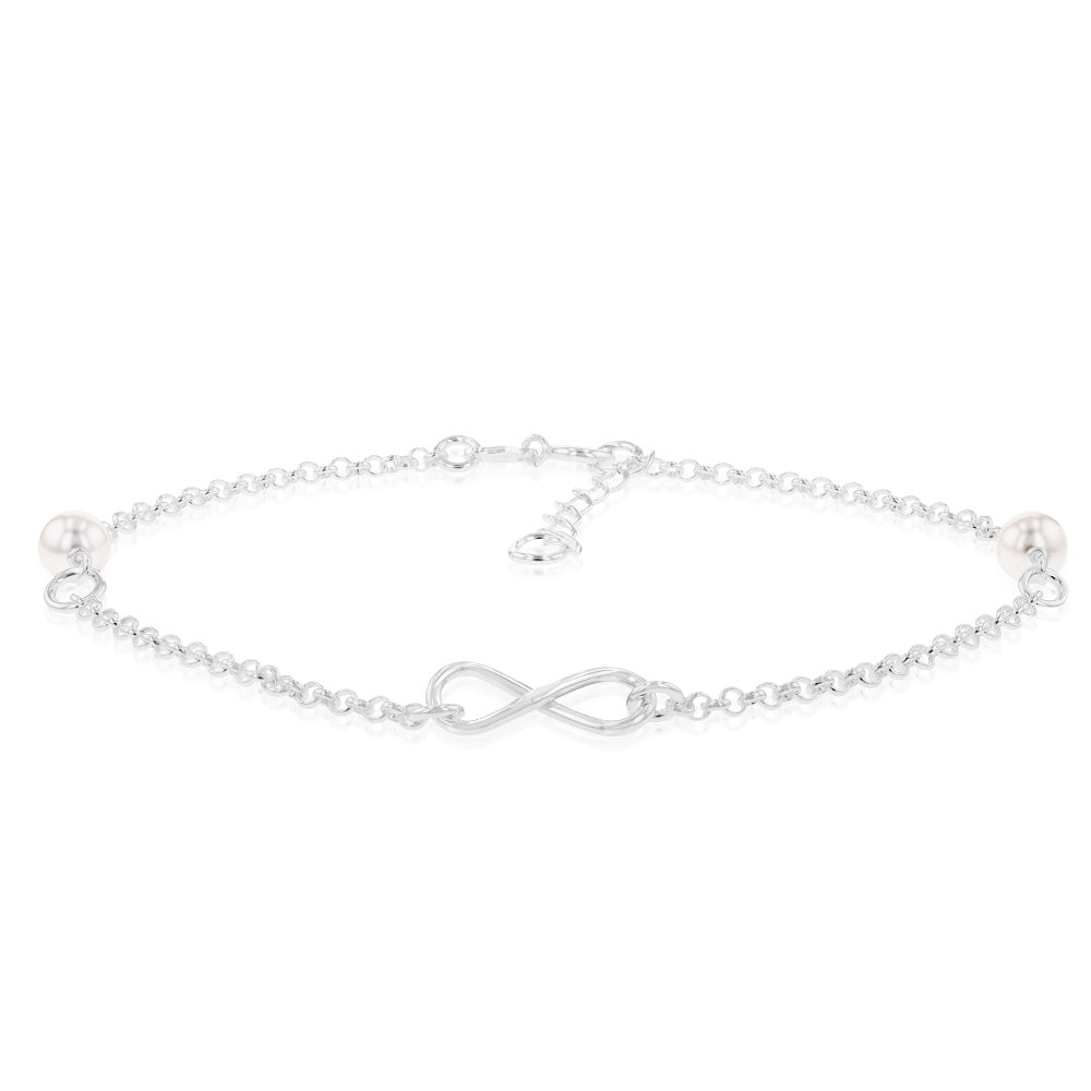 Sterling Silver Infinity And White Bead On 27cm Anklet