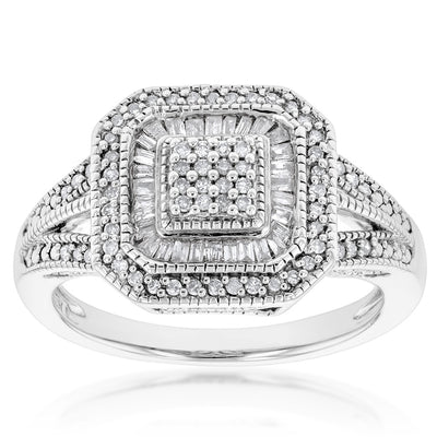 Silver 1/3 Carat Diamond Cushion Cluster Ring