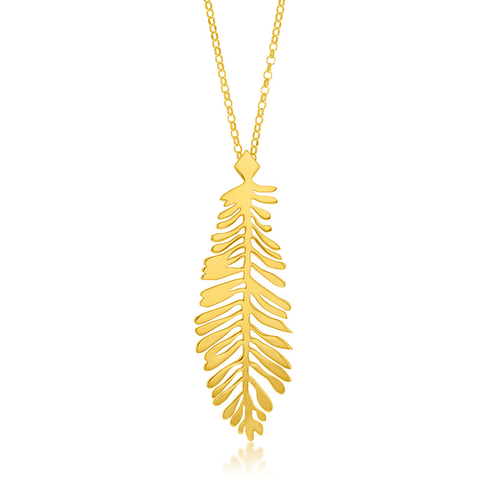 Yellow Gold Plated Sterling Silver Verticle Feather pendant On 45cm Chain