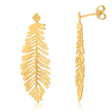 Load image into Gallery viewer, Yellow Gold Plated Sterling Silver Verticle Feather Drop Earrings