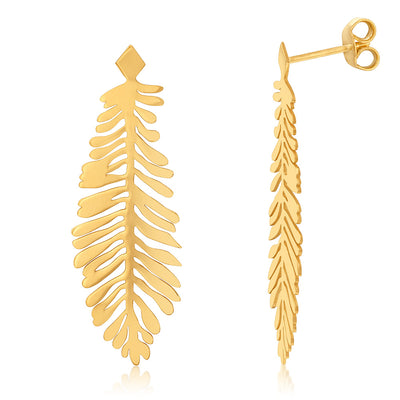 Yellow Gold Plated Sterling Silver Verticle Feather Drop Earrings