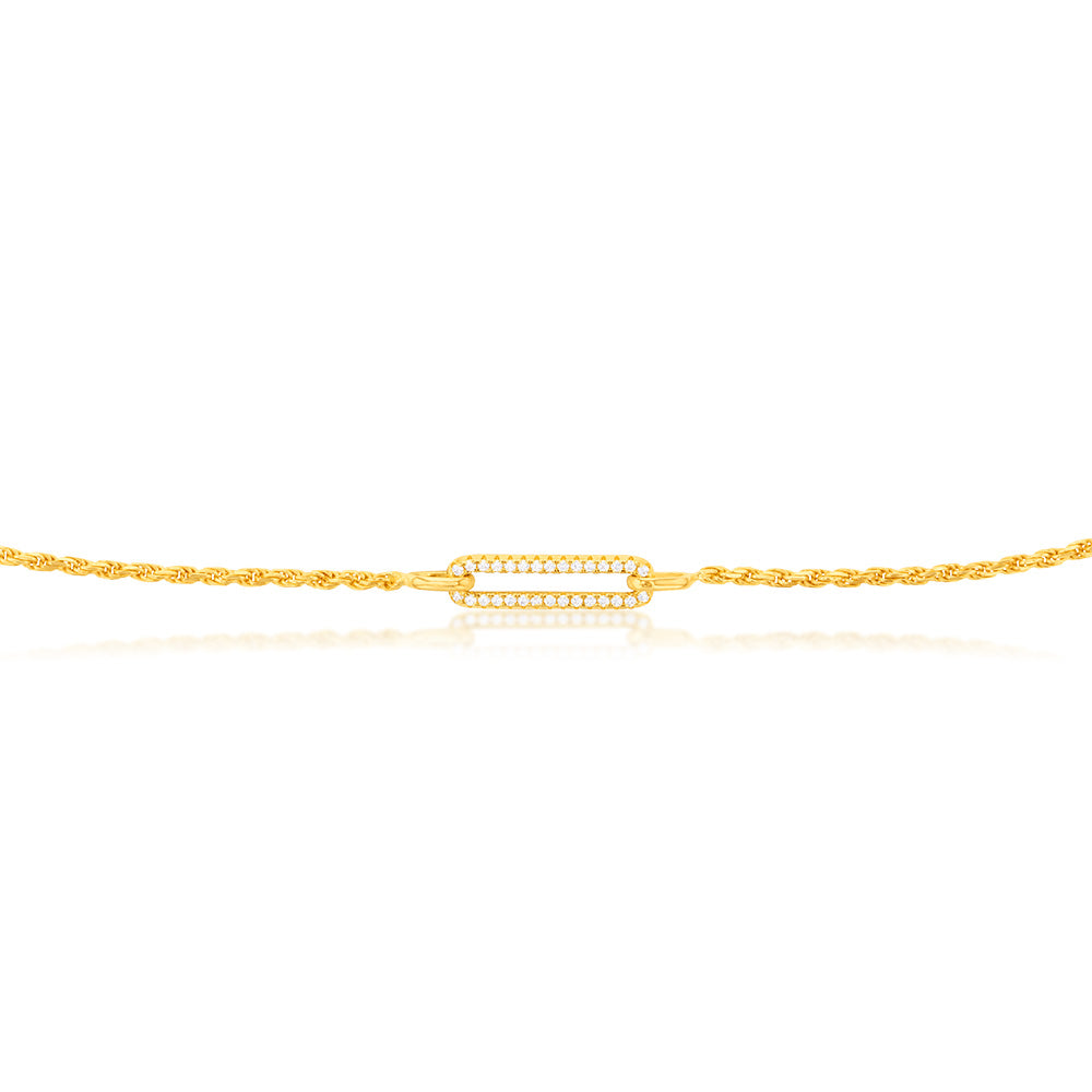 Yellow Gold Plated Sterling Silver CZ On Open Rectangle Pendant On 45cm Chain