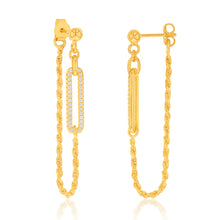 Load image into Gallery viewer, Yellow Gold Plated Sterling Silver CZ On Open Rectangle And Chain Earrings