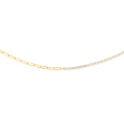 Yellow Gold Plated Sterling Silver CZ String And Paperclip Half N Half 45cm Chain