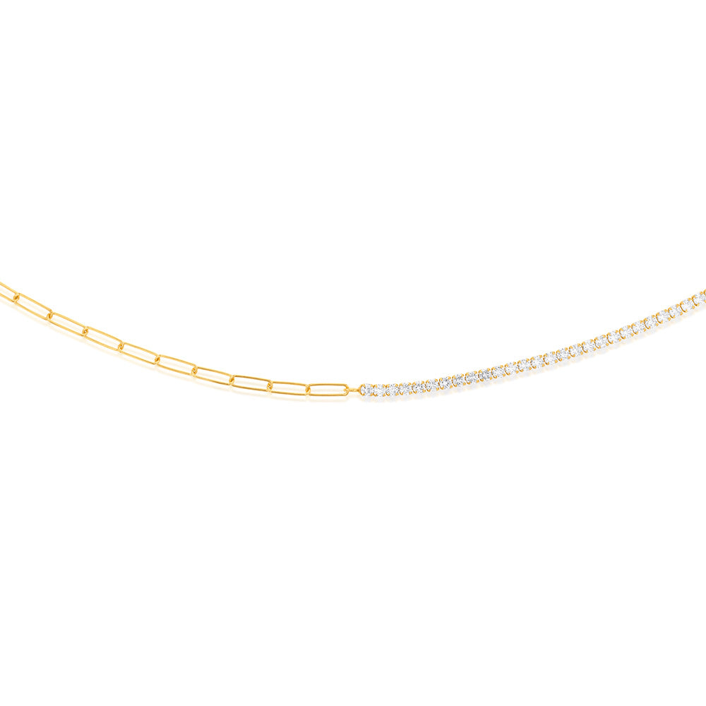 Yellow Gold Plated Sterling Silver CZ String And Paperclip Half N Half 45cm Chain