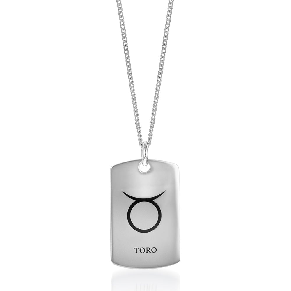 Sterling Silver Dog Tag With Taurus Zodiac/Star Sign Pendant
