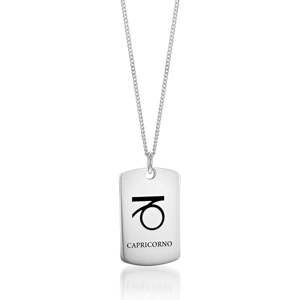 Sterling Silver Dog Tag With Capricorn Zodiac/Star Sign Pendant