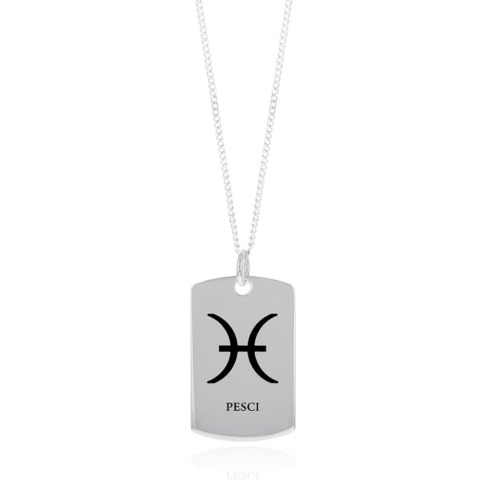 Sterling Silver Dog Tag With Pisces Zodiac/Star Sign Pendant