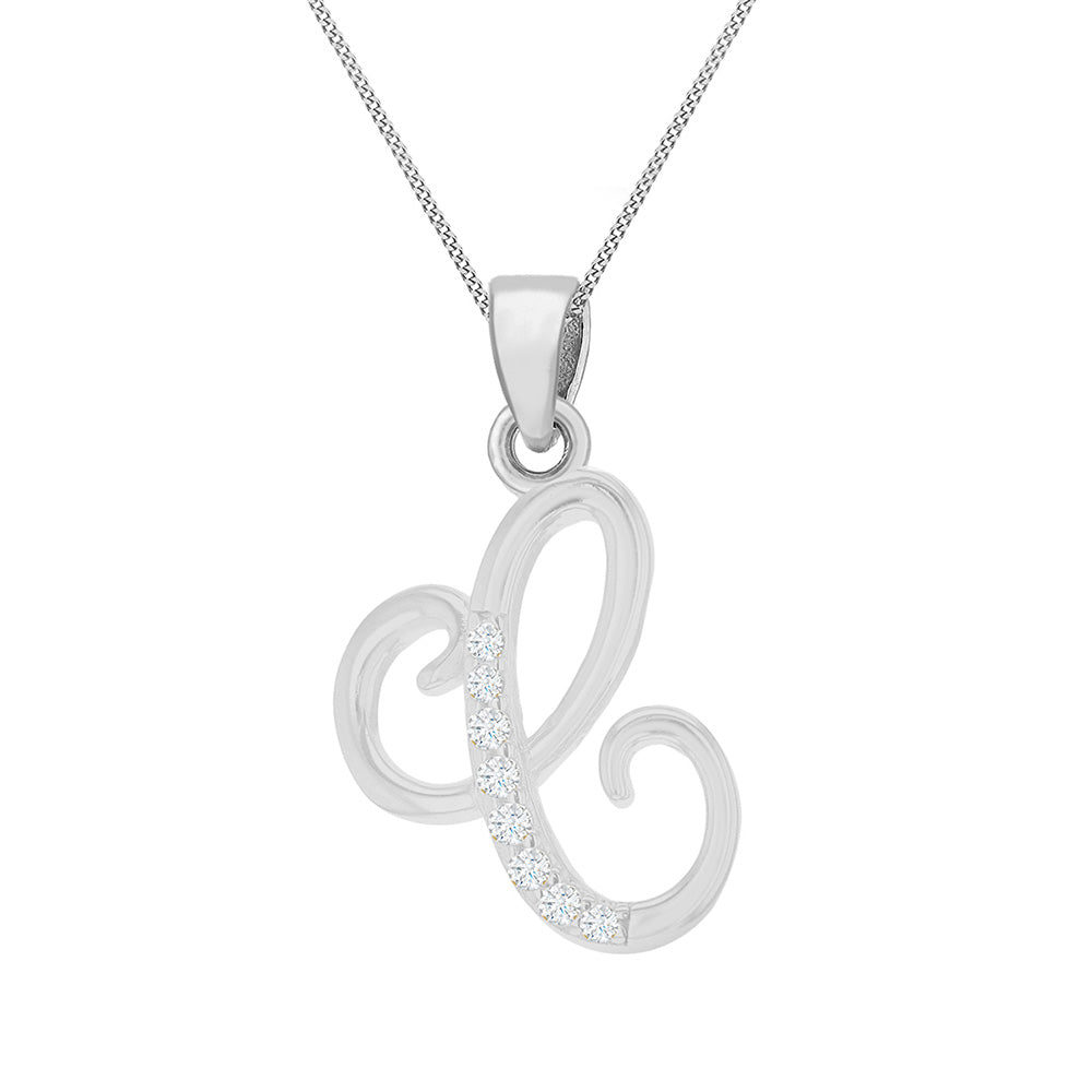 Sterling Silver Rhodium Plated Cubic Zirconia Script "C" Initial Pendant