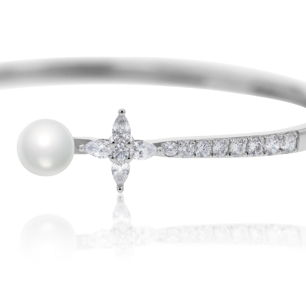 Sterling Silver Rhodium Plated Fresh Water Pearl And Cubic Zirconia Open Bangle