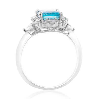 Sterling Silver Rhodium Plated White & Aquamarine Cubic Zirconia Emerald Cut Ring