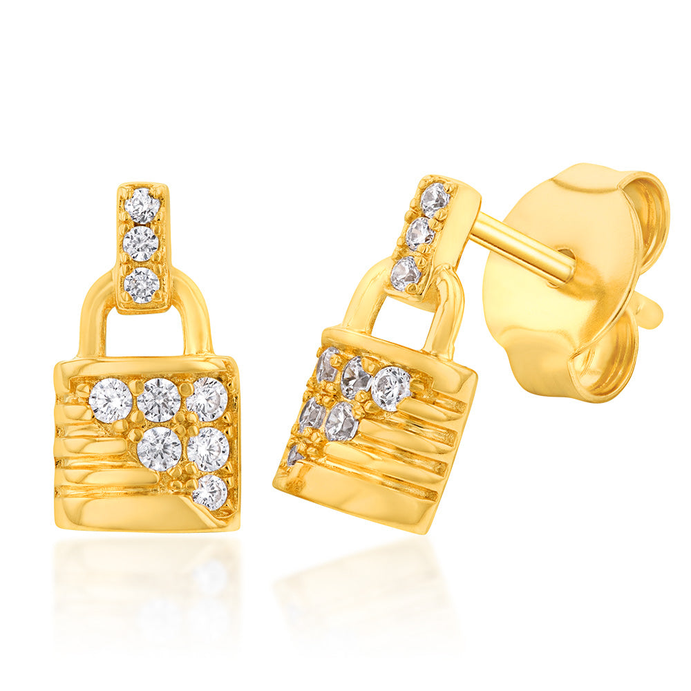 Sterling Silver Gold Plated Cubic Zirconia On Lock Stud Earrings