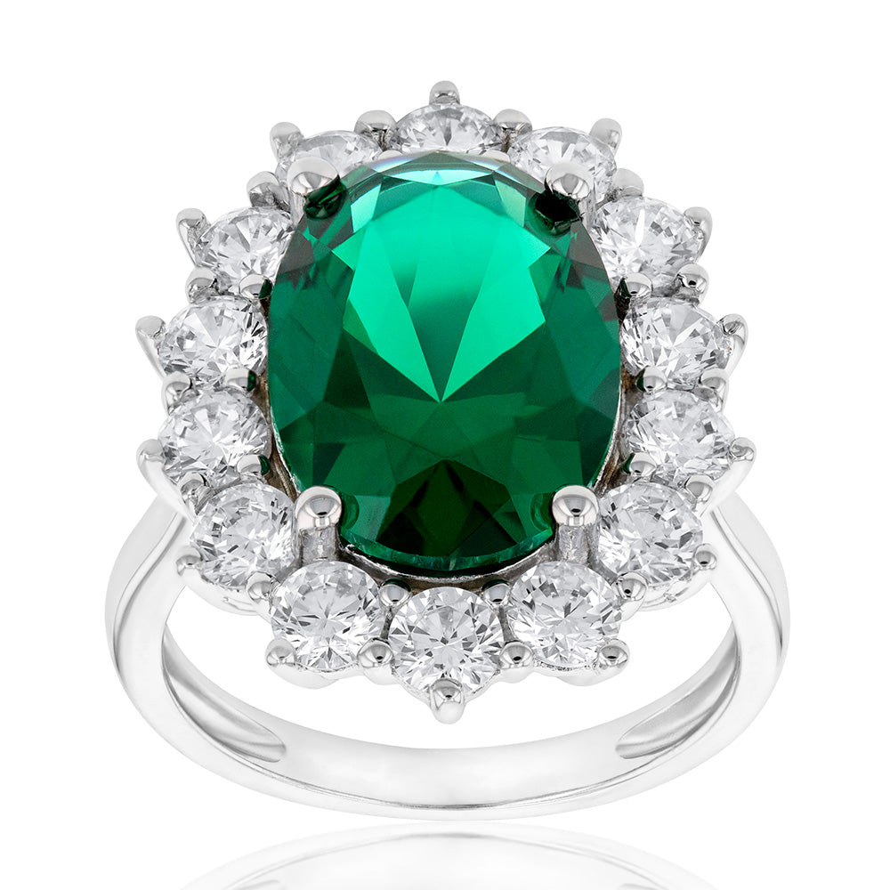 Sterling Silver Rhodium Plated Emerald-Green Cubic Zirconia Oval