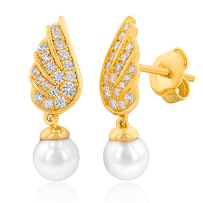 Gold Plated Silver Freshwater Pearl & Cubic Zirconia On Wings  Drop Earrings