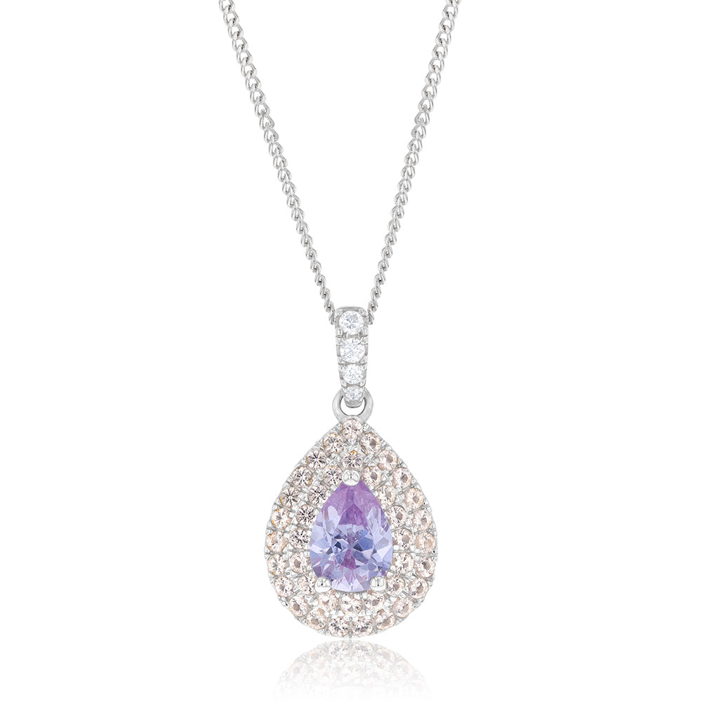 Sterling Silver Rhodium Plated Champagne/Lavender Cubic Zirconia Tear Drop Pendant