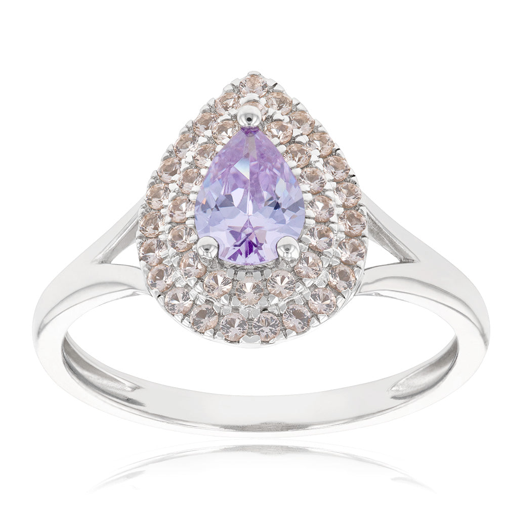 Sterling Silver Rhodium Plated Champagne/ Lavender Cubic Zirconia Ring