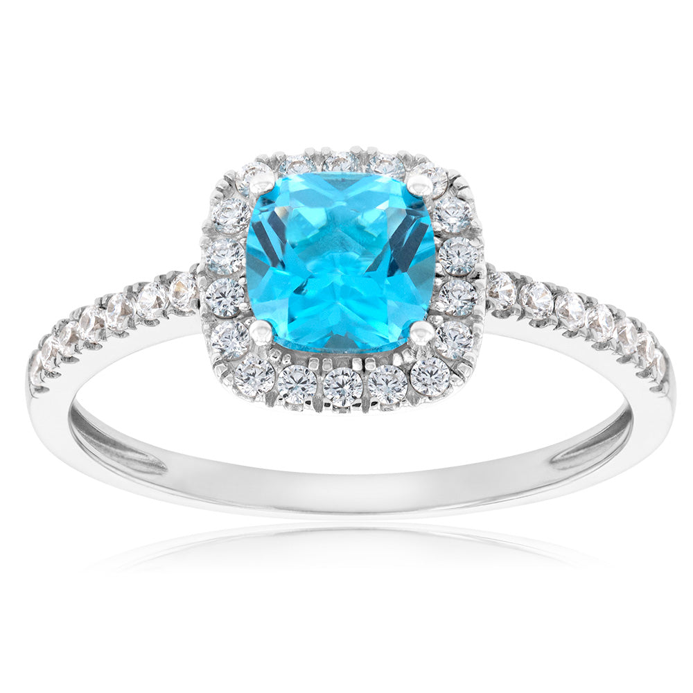 Sterling Silver Rhodium Plated Paraiba Green Blue And Cubic Zirconia Ring