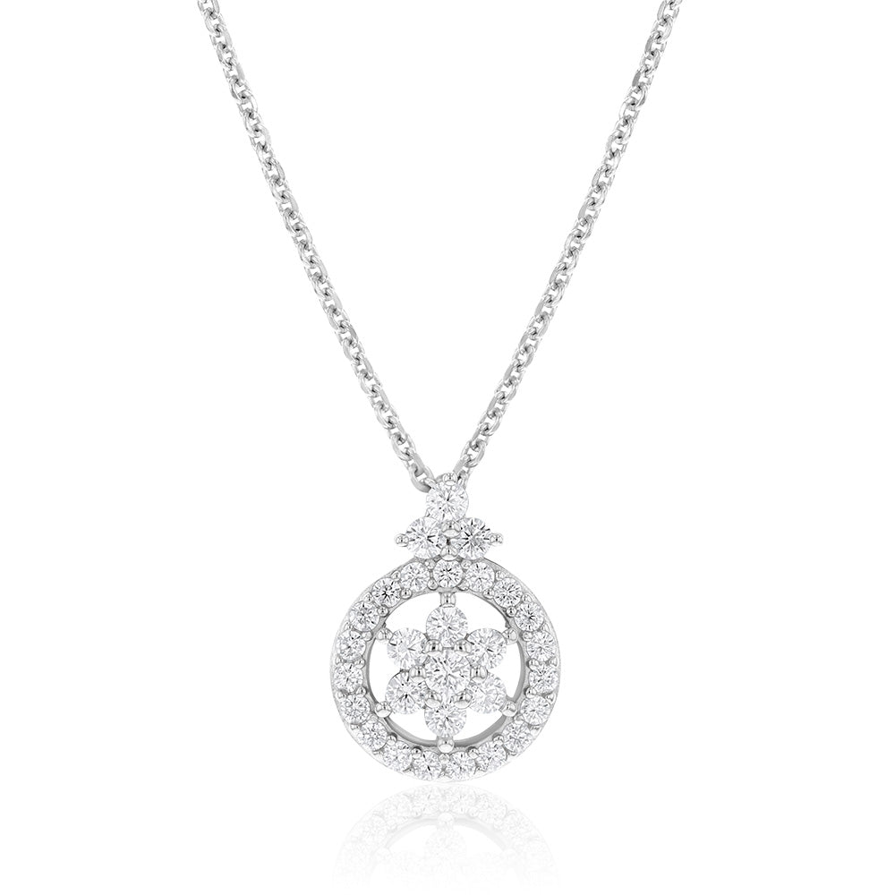 Sterling Silver Rhodium Plated Cubic Zirconia Flower Pendant On 40+5cm Chain