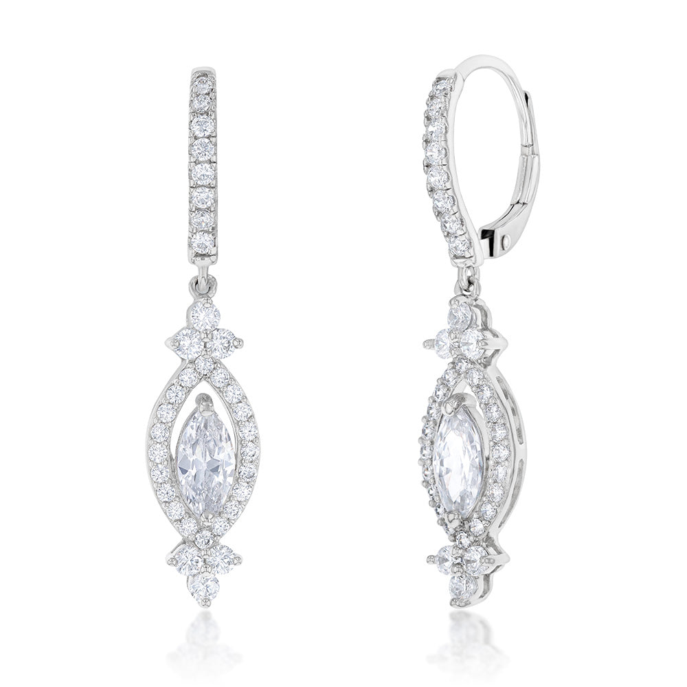 Sterling Silver Rhodium Plated Cubic Zirconia On Marquise Drop Earring