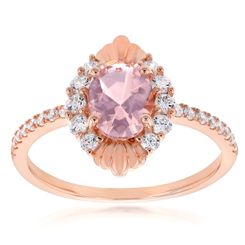 Sterling Silver Rose Gold Plated Morganite Peach/Pink And White Cubic Zirconia Ring