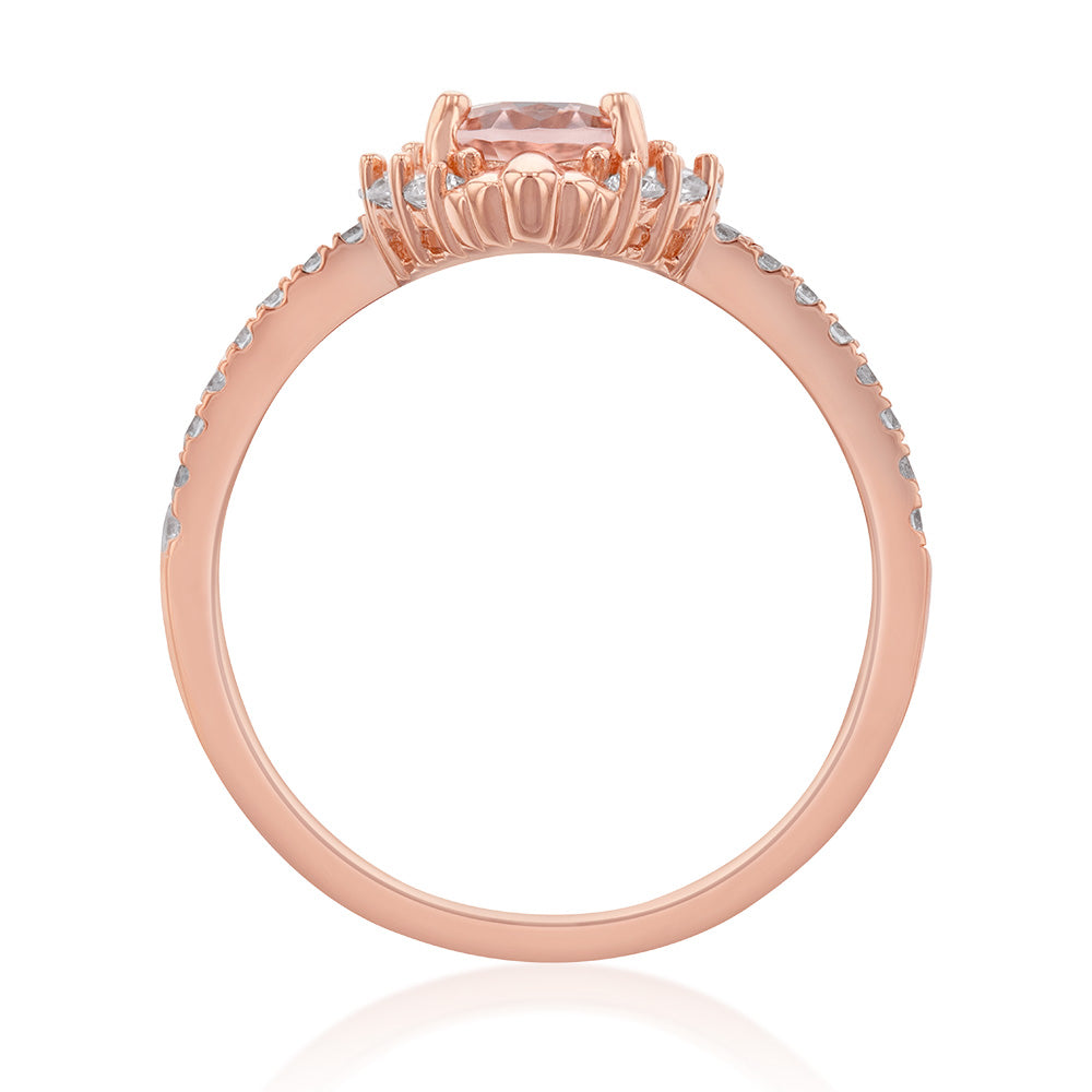Sterling Silver Rose Gold Plated Morganite Peach/Pink And White Cubic Zirconia Ring
