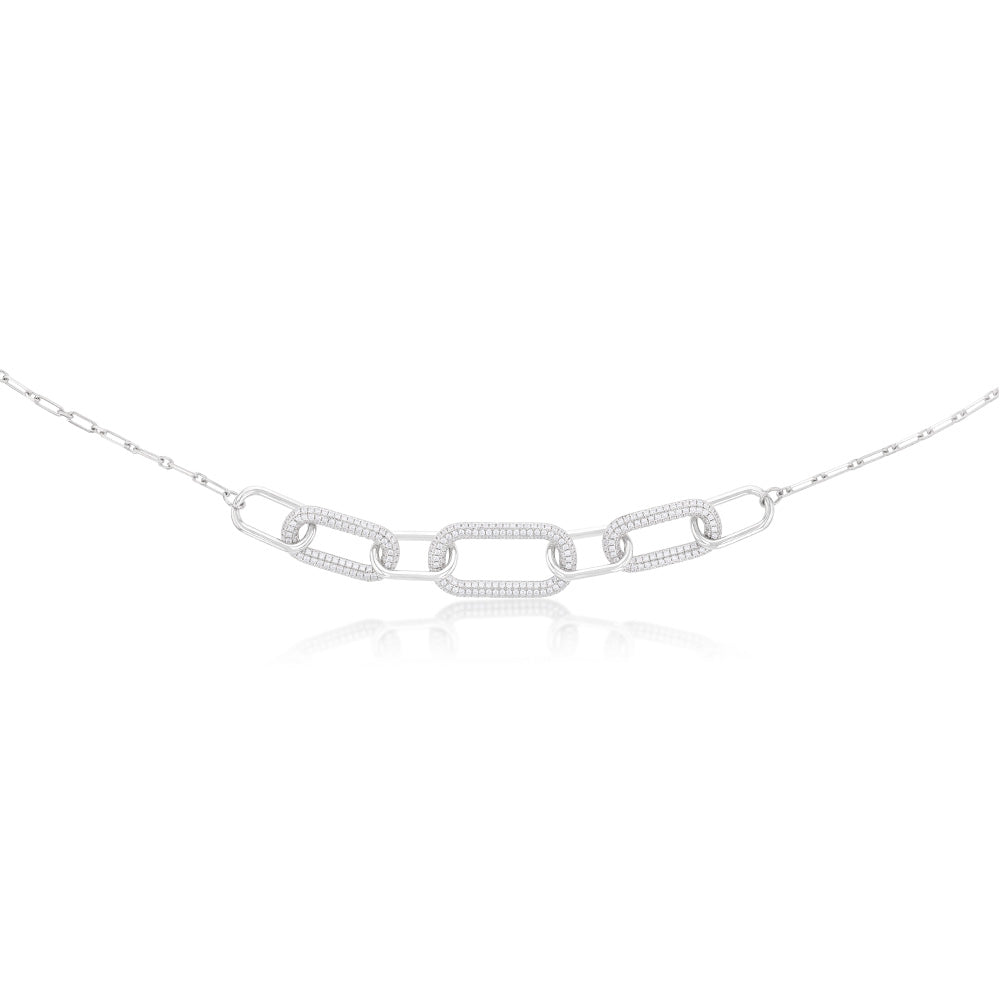 Sterling Silver Rhodium Plated White Cubic Zirconia On Links 40+5cm Chain