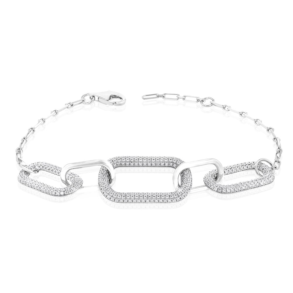 Sterling Silver Rhodium Plated Cubic Zirconia On Chunky Link 19+3cm Bracelet