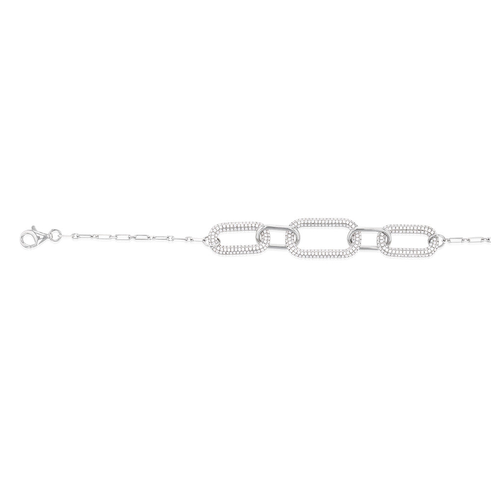 Sterling Silver Rhodium Plated Cubic Zirconia On Chunky Link 19+3cm Bracelet