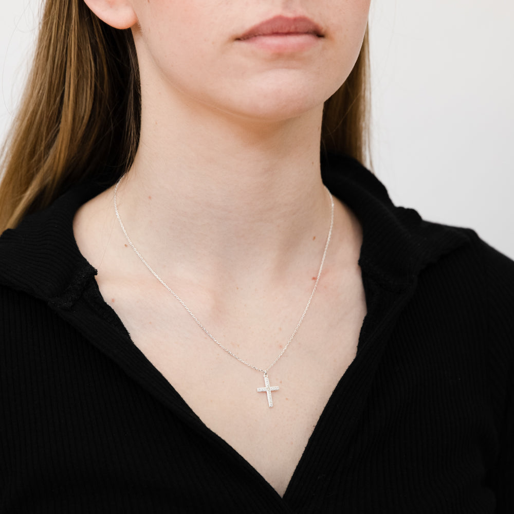 Sterling Silver Cubic Zirconia Cross On 42+3cm Chain