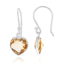 Load image into Gallery viewer, Sterling Silver 8mm Citrine Bezel Heart Drop Earrings