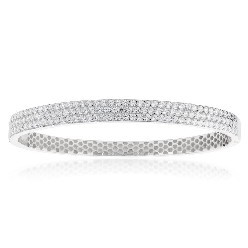Sterling Silver Broad Cubic Zirconia Studded Hinged Bangle