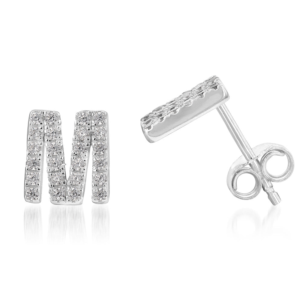 Sterling Silver Cubic Zirconia Initial "M" Stud Earrings