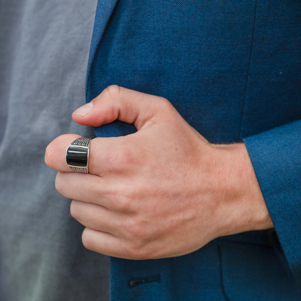 Sterling Silver Black Square With Greek Pattern Gents Ring