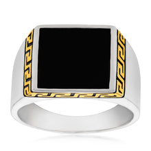 Load image into Gallery viewer, Sterling Silver Gold Plated Black Square Greek Pattern Gents Ring