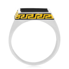 Load image into Gallery viewer, Sterling Silver Gold Plated Black Square Greek Pattern Gents Ring