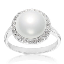 Load image into Gallery viewer, Sterling Silver Swarovski Pearl &amp; Cubic Zirconia Halo Ring